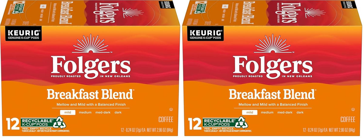 Folgers Breakfast Blend Mild Roast Coffee, 12 Keurig K-Cup Pods (Pack of 2)