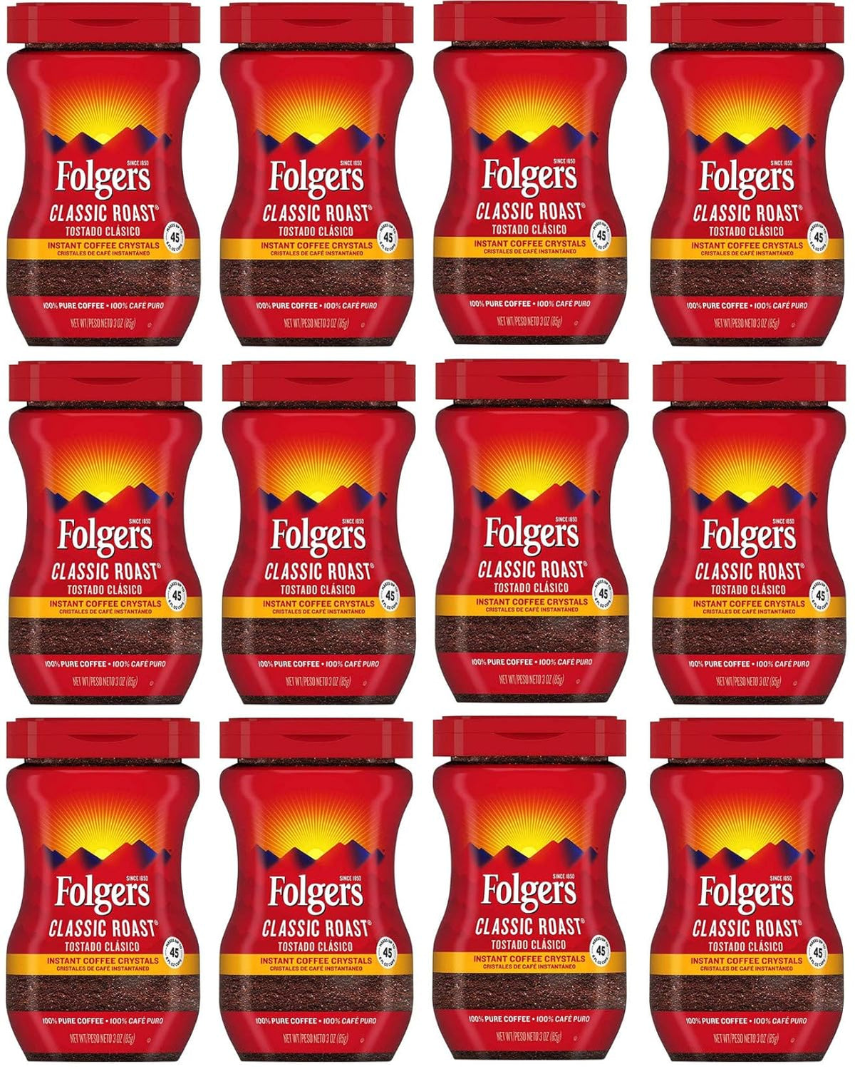 Folgers 20083 Classic Roast Instant Coffee Crystals, 3 Ounces, 100% Pure Coffee, Medium Roast, Easy-open Flip Top Lid, Portable Plastic Jar, Pack of 12