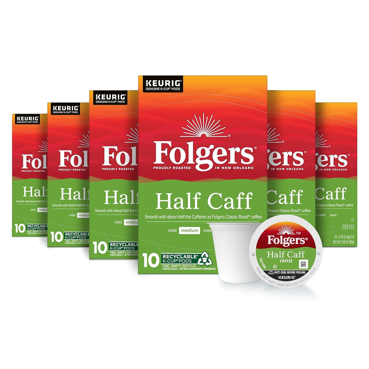 Folgers Half Caff Coffee, Medium Roast, Keurig K-Cup Pods, 10 Count (Pack of 6)
